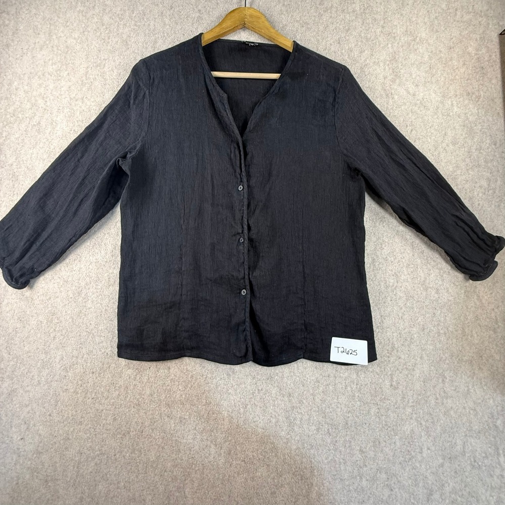 Eileen Fisher Black Linen Cotton Blend Crinkle Button Front Top Large